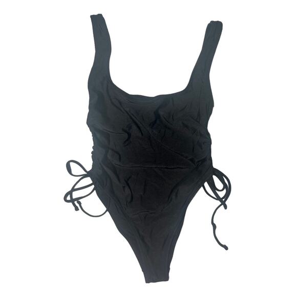 Forever 21 Womens Swimsuit Small One Piece Black Ruched Sexy Thigh High Baywatch - Picture 1 of 7